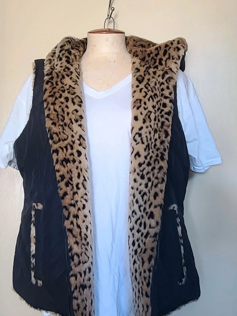 Kristen Blake Black Vest with Leopard Faux-Fur Trim